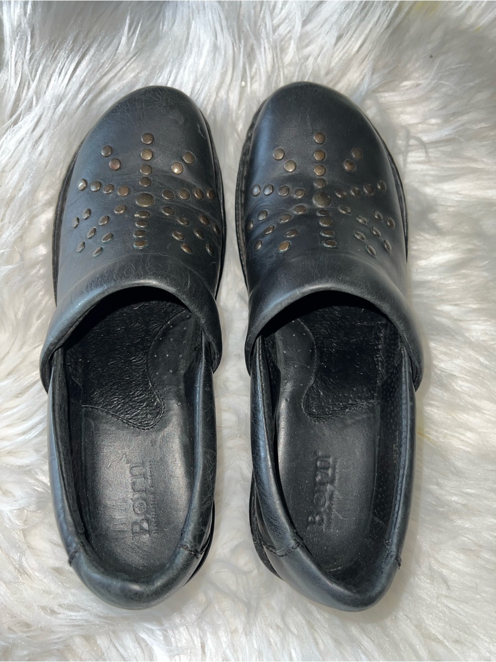 Born Black Leather Studded Slip-On Clogs
